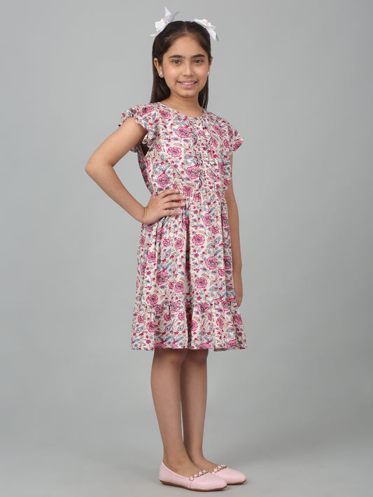 Girl's Pink Knee Length Floral Printed Dress