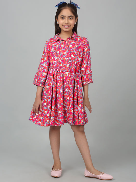 Girls Pink Above Knee Floral Printed Dress