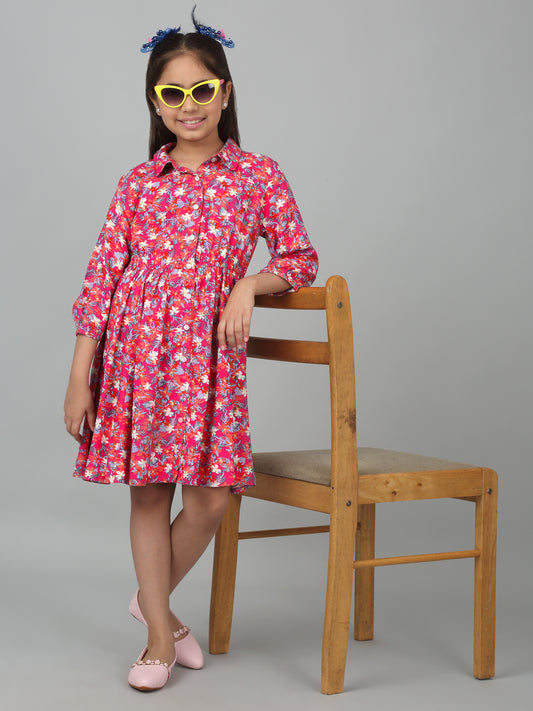 Girls Pink Above Knee Floral Printed Dress