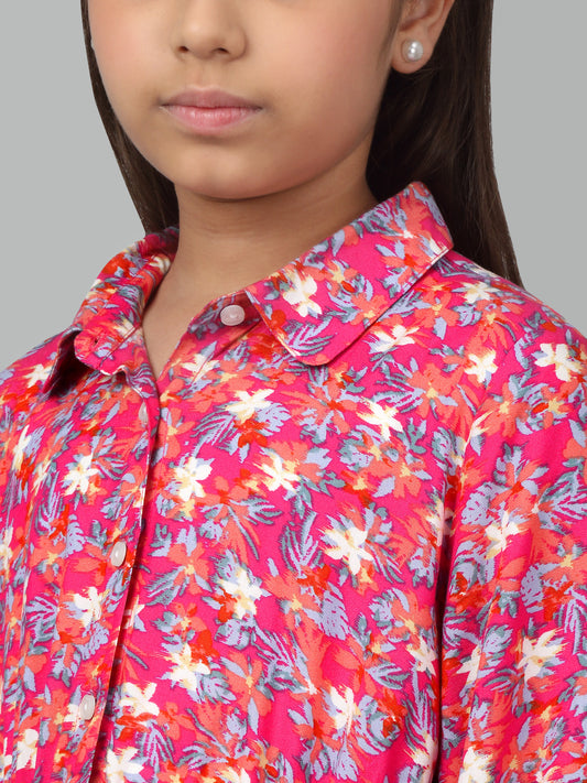Girls Pink Above Knee Floral Printed Dress