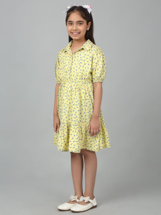 Girls Yellow Half Sleeves Floral Print Dress