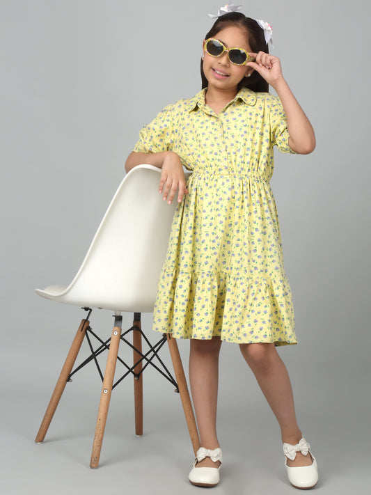 Girls Yellow Half Sleeves Floral Print Dress