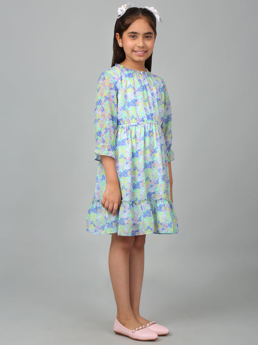 Girls Blue 3/4th Sleeves Floral Print Dress