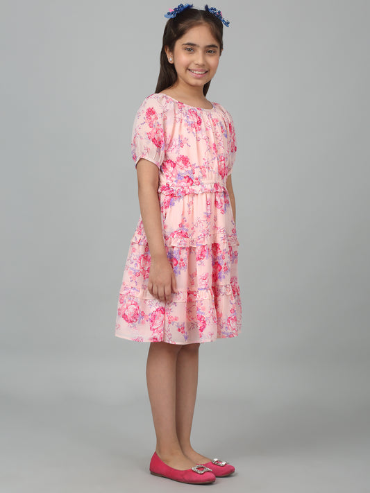 Girl's Pink Half Sleeves Floral Print Dress