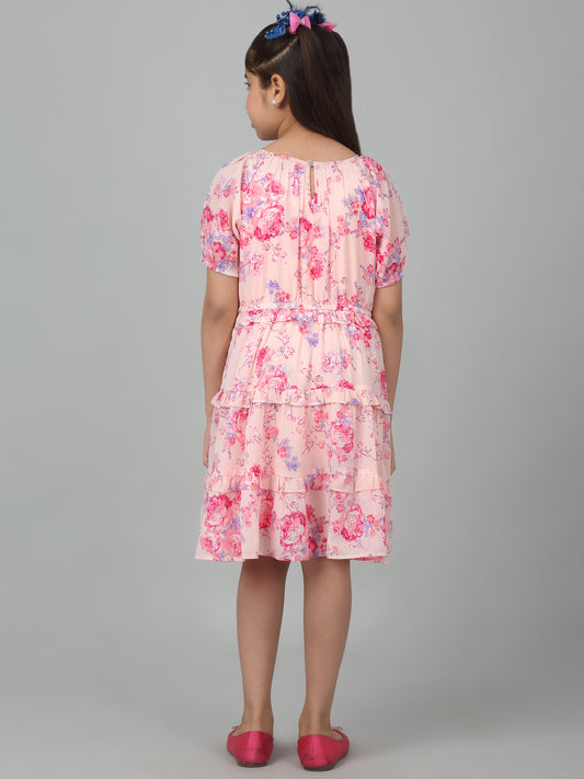 Girl's Pink Half Sleeves Floral Print Dress