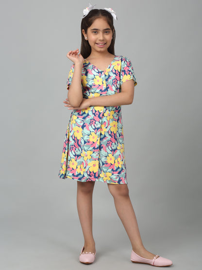 Girls Multicolor Half Sleeves Floral Print Dress