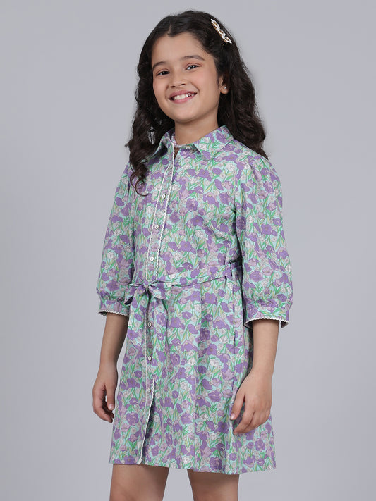 Girls Purple Printed Spread Collar 3/4th Sleeves Casual Dress