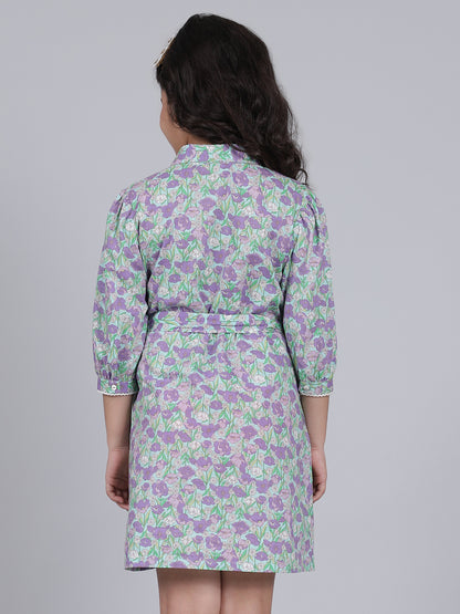 Girls Purple Printed Spread Collar 3/4th Sleeves Casual Dress