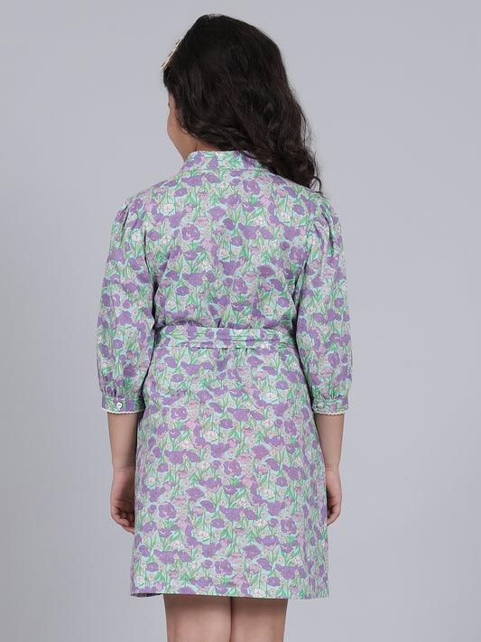 Girls Purple Printed Spread Collar 3/4th Sleeves Casual Dress