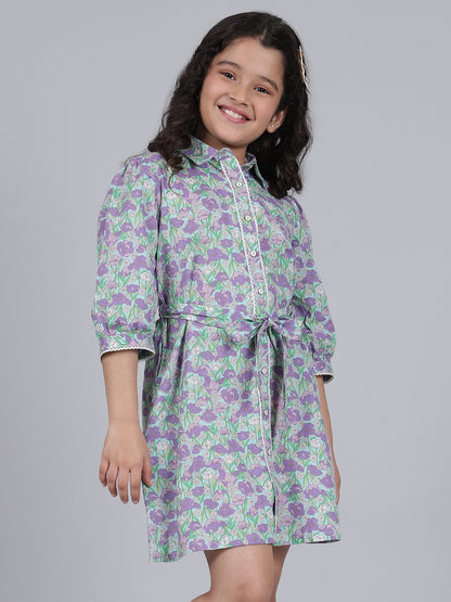 Girls Purple Printed Spread Collar 3/4th Sleeves Casual Dress