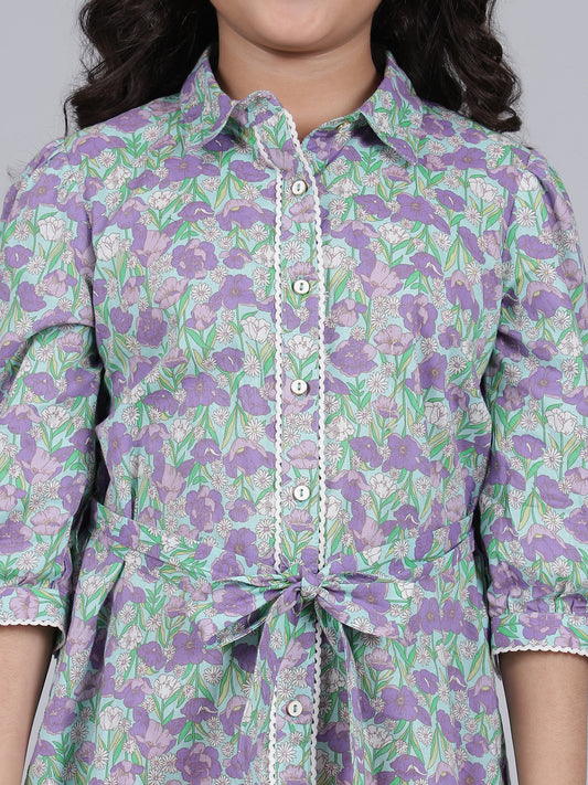 Girls Purple Printed Spread Collar 3/4th Sleeves Casual Dress