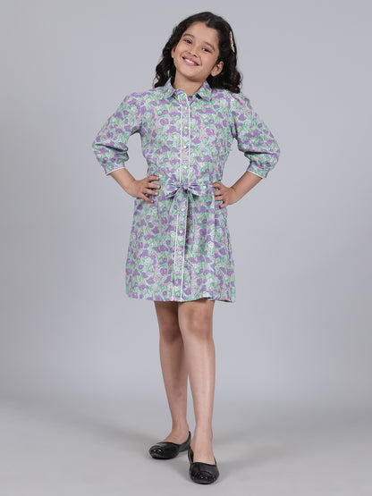 Girls Purple Printed Spread Collar 3/4th Sleeves Casual Dress