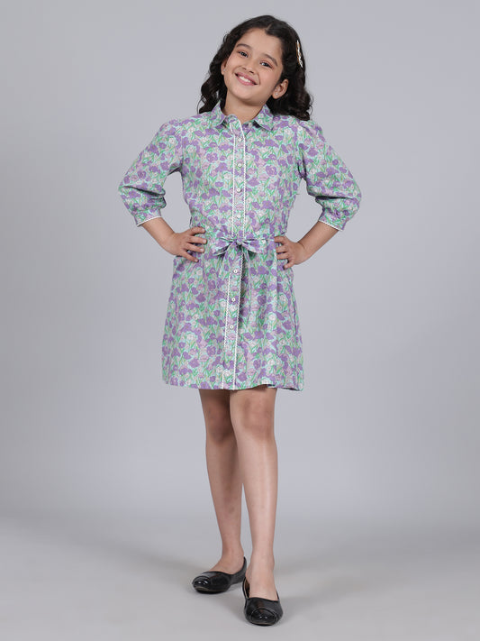 Girls Purple Printed Spread Collar 3/4th Sleeves Casual Dress