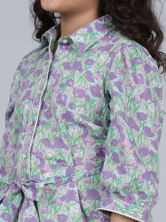 Girls Purple Printed Spread Collar 3/4th Sleeves Casual Dress