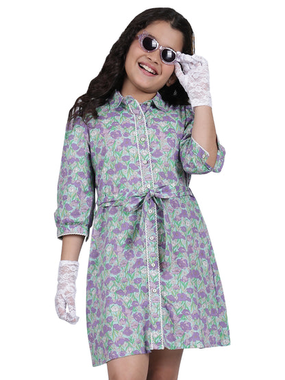 Girls Purple Printed Spread Collar 3/4th Sleeves Casual Dress