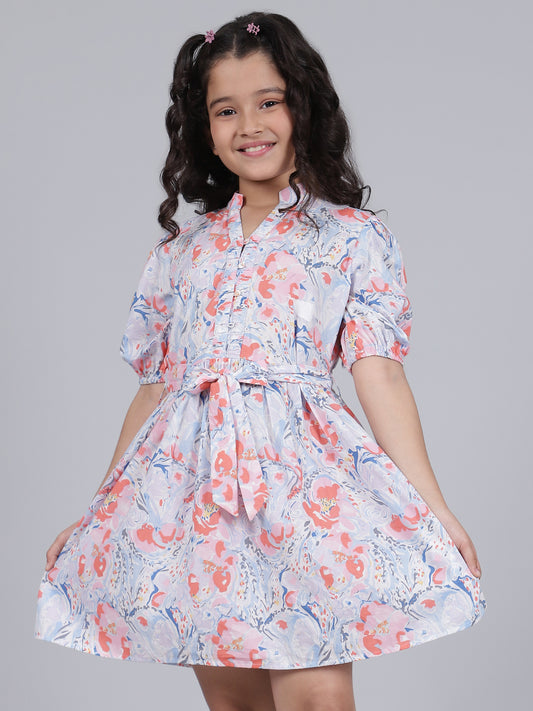 Girls Printed Blue V-Neck Half Sleeves Casual Dress