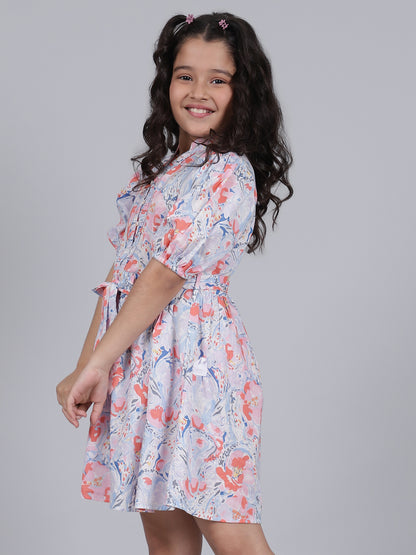 Girls Printed Blue V-Neck Half Sleeves Casual Dress