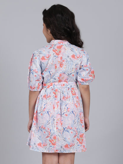 Girls Printed Blue V-Neck Half Sleeves Casual Dress