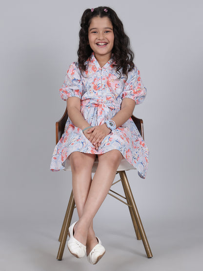 Girls Printed Blue V-Neck Half Sleeves Casual Dress