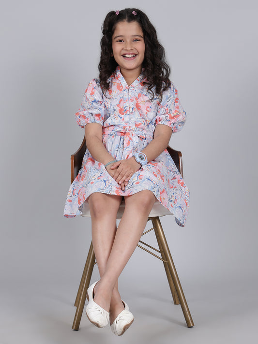 Girls Printed Blue V-Neck Half Sleeves Casual Dress