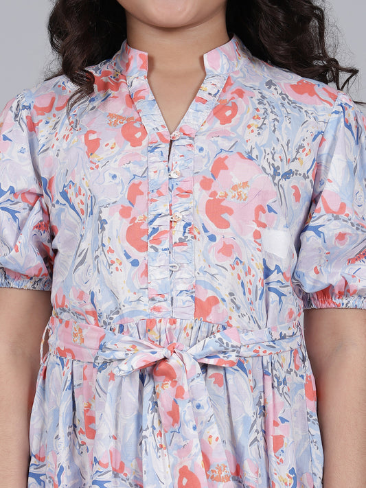 Girls Printed Blue V-Neck Half Sleeves Casual Dress