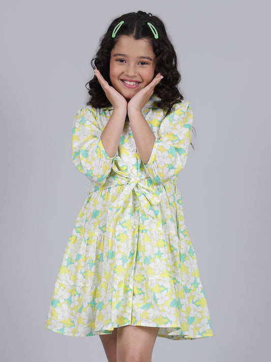 Girls Printed Lemon Shirt Collar 3/4th Sleeves Casual Dress