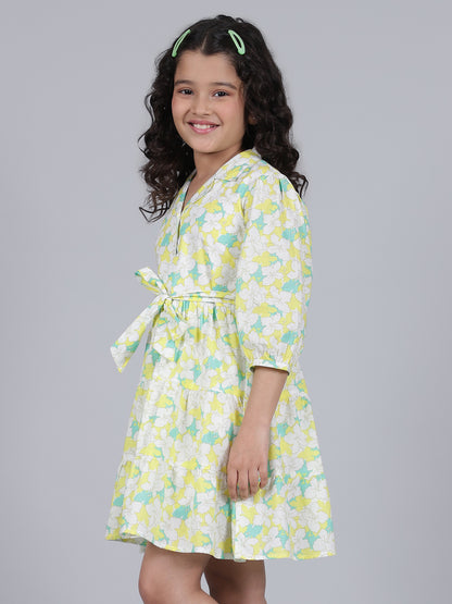 Girls Printed Lemon Shirt Collar 3/4th Sleeves Casual Dress