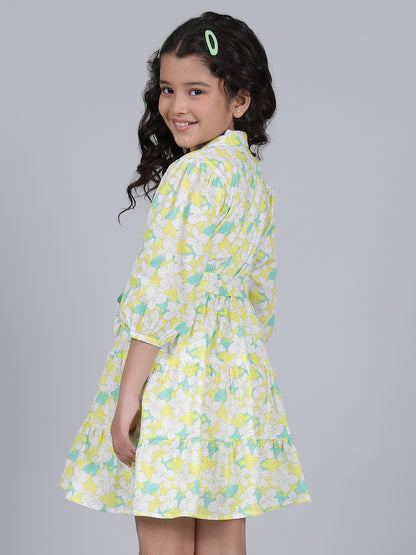 Girls Printed Lemon Shirt Collar 3/4th Sleeves Casual Dress