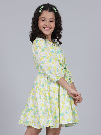 Girls Printed Lemon Shirt Collar 3/4th Sleeves Casual Dress
