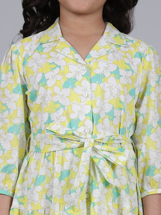 Girls Printed Lemon Shirt Collar 3/4th Sleeves Casual Dress