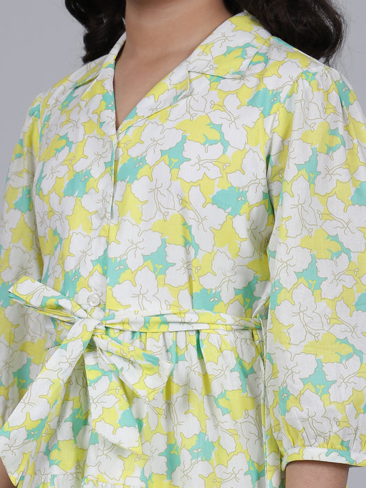 Girls Printed Lemon Shirt Collar 3/4th Sleeves Casual Dress