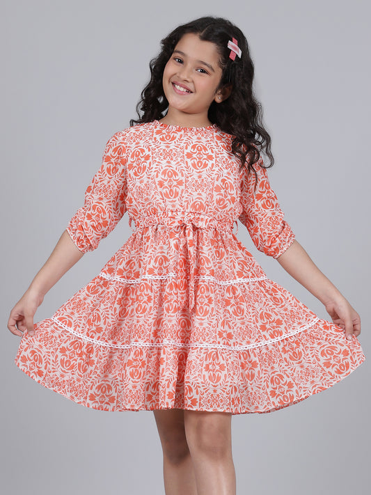 Girls Printed Orange Round Neck 3/4th Sleeves Casual Dress