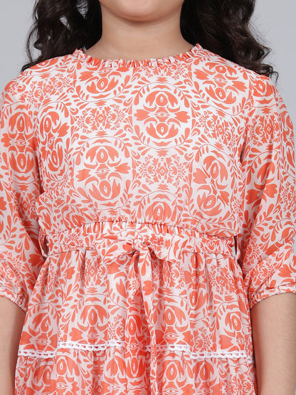 Girls Printed Orange Round Neck 3/4th Sleeves Casual Dress