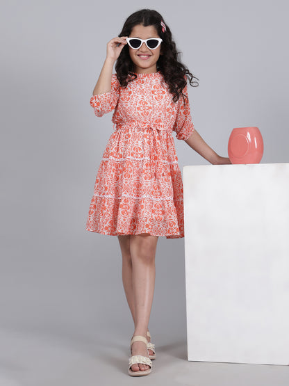 Girls Printed Orange Round Neck 3/4th Sleeves Casual Dress