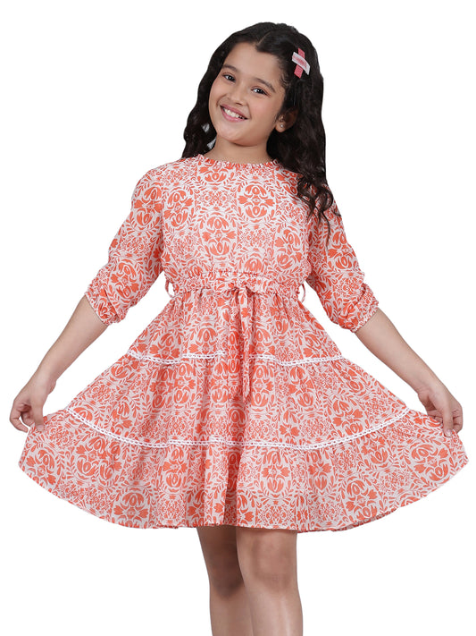 Girls Printed Orange Round Neck 3/4th Sleeves Casual Dress