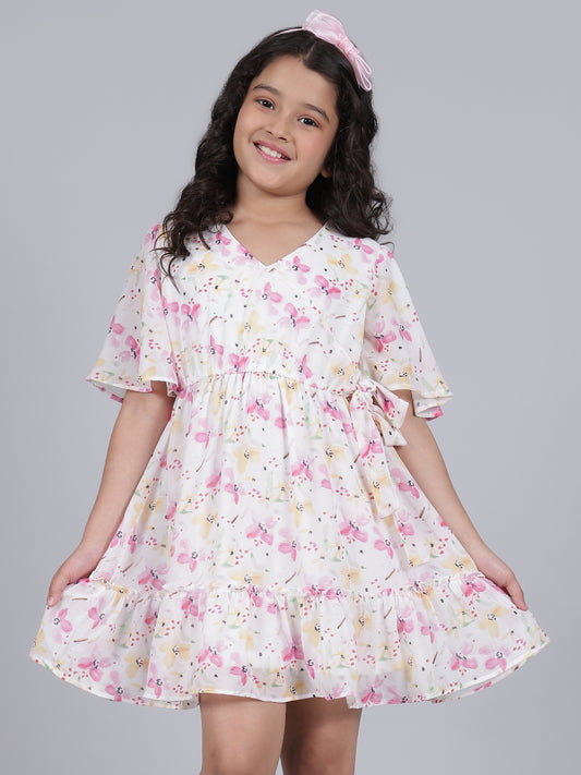 Girls Printed Pink Half Sleeves V-Neck Casual Dress