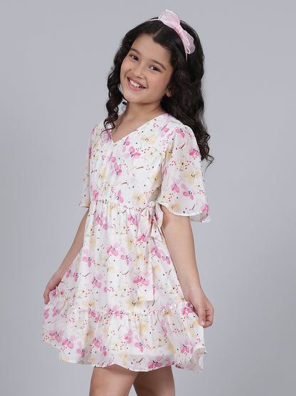 Girls Printed Pink Half Sleeves V-Neck Casual Dress