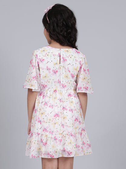 Girls Printed Pink Half Sleeves V-Neck Casual Dress
