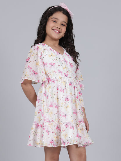 Girls Printed Pink Half Sleeves V-Neck Casual Dress