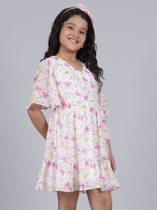 Girls Printed Pink Half Sleeves V-Neck Casual Dress