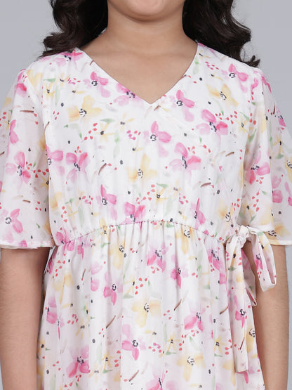 Girls Printed Pink Half Sleeves V-Neck Casual Dress