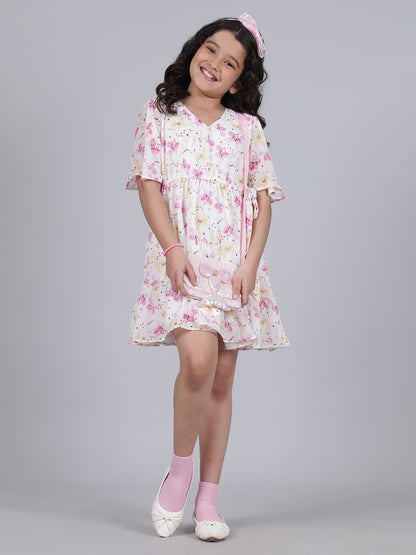 Girls Printed Pink Half Sleeves V-Neck Casual Dress
