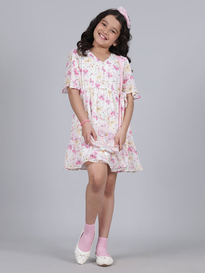 Girls Printed Pink Half Sleeves V-Neck Casual Dress