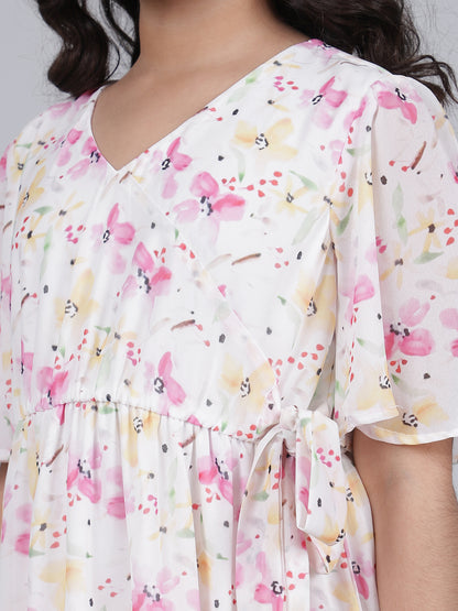 Girls Printed Pink Half Sleeves V-Neck Casual Dress