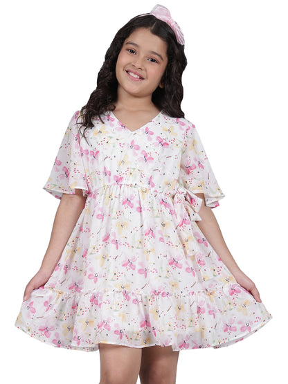 Girls Printed Pink Half Sleeves V-Neck Casual Dress