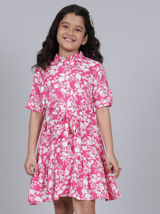 Girls Printed Hot Pink Half Sleeves Collar Neck Casual Dress