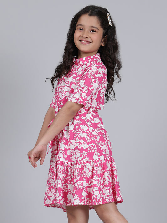 Girls Printed Hot Pink Half Sleeves Collar Neck Casual Dress