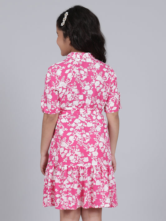 Girls Printed Hot Pink Half Sleeves Collar Neck Casual Dress