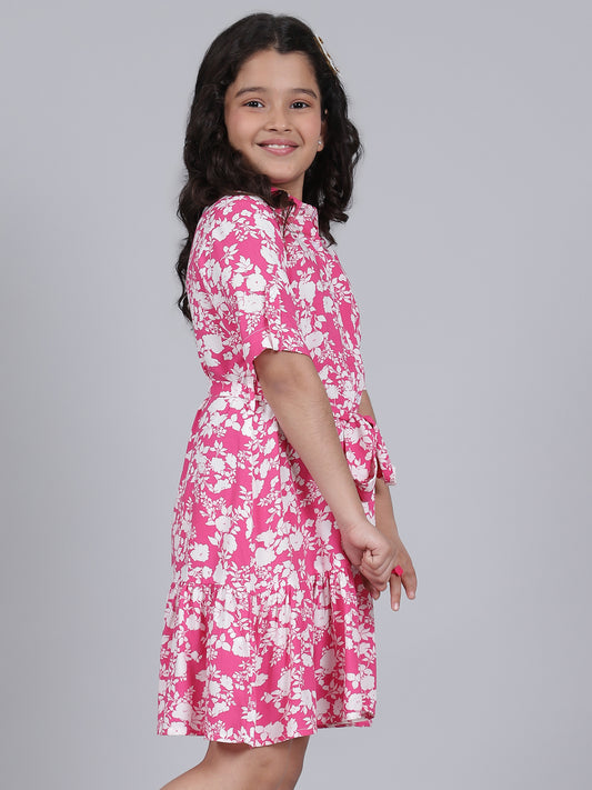 Girls Printed Hot Pink Half Sleeves Collar Neck Casual Dress