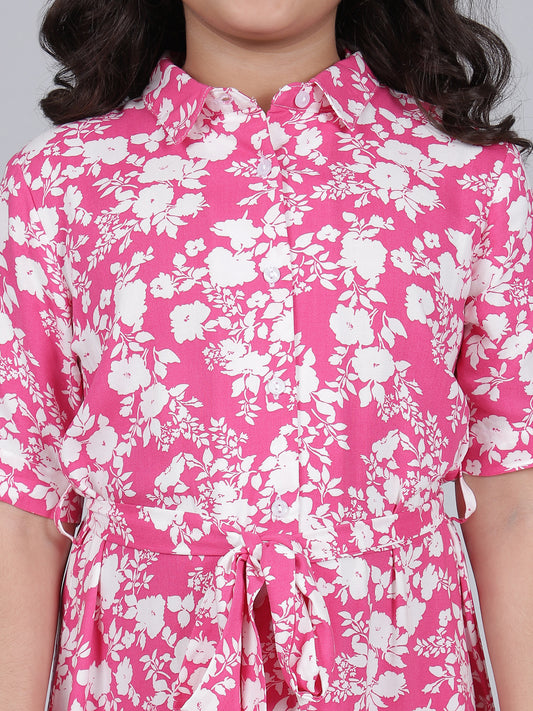 Girls Printed Hot Pink Half Sleeves Collar Neck Casual Dress
